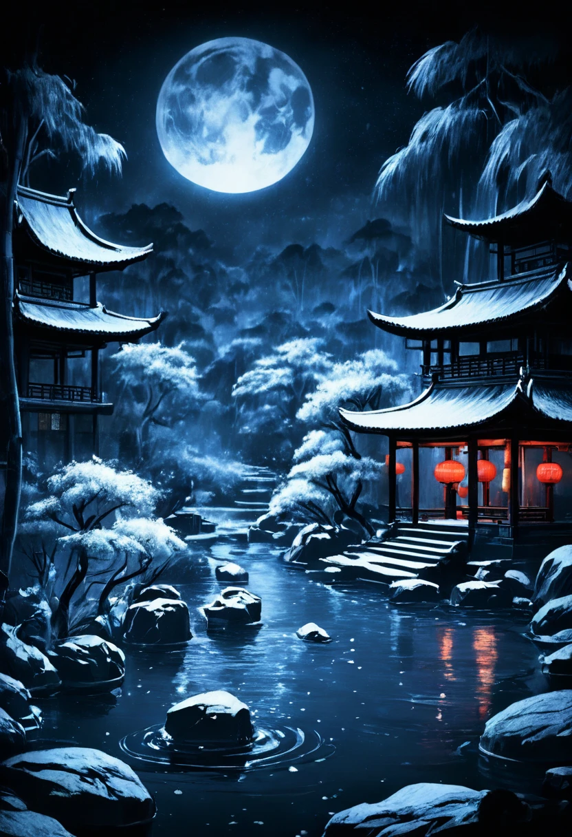 masterpiece,best quality,Chinese martial arts style,an snowing asian night scene with lanterns and water lilies,asian pond with many lanterns and boatsa night scene with many lights and boats in the water, snowflakes ,Lake surface, lotus flowers,beautiful night scene,(((Chinese martial arts style))), with vast sky, continuous mountains and steep cliffs, ink wash style, outline light, atmospheric atmosphere, depth of field, mist rising, bamboo, pine trees, octagonal stone pavilion, waterfall flowing water,big full moon,(No color) , Monochrome, light color, Hentai Style