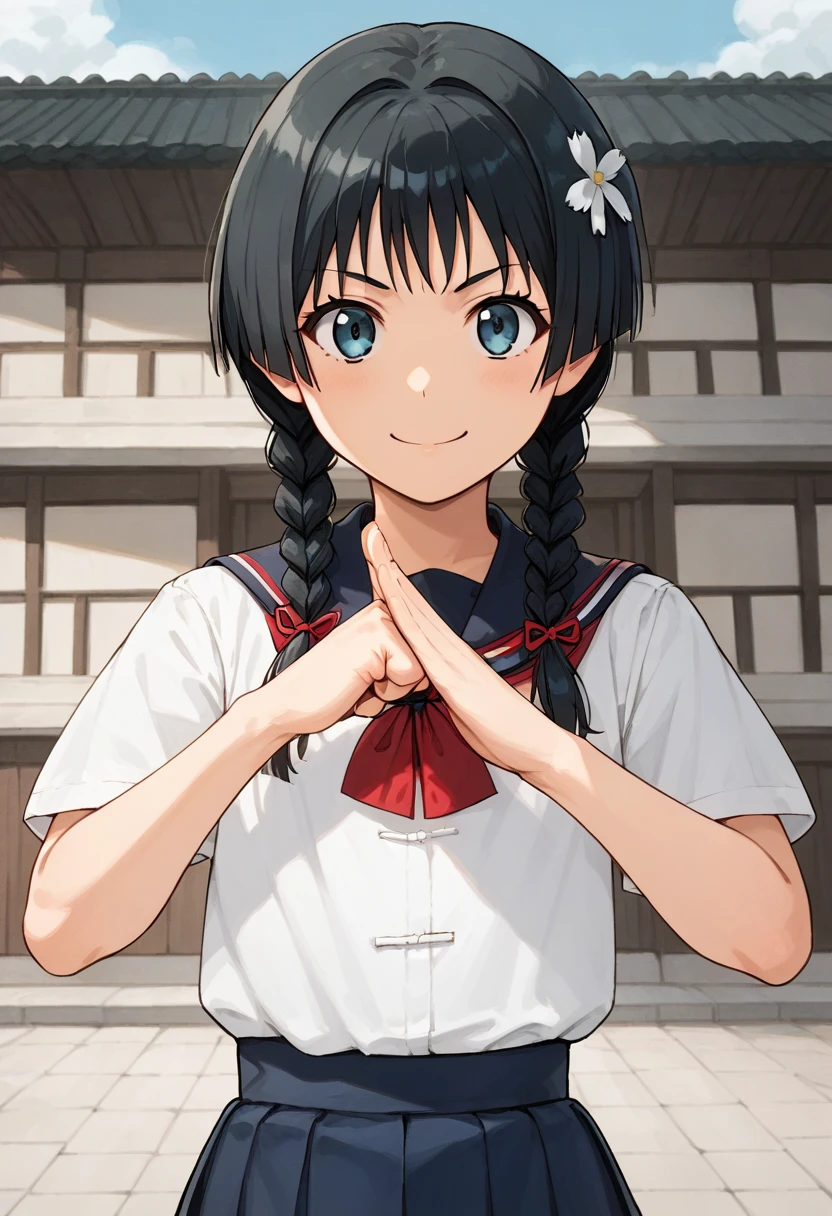 (fist-palm salute:1.5), score_9, score_8_up, score_7_up, source_anime, ultra detailed, 
Generate a picture of a girl making fist-palm salute in a big garden in front of a big traditional Chinese building,  (fist and palm folded in front), front view, light smile.
1girl has black hair which is made into twin braids  with bangs, wearing hair ornament and hair flower, yellowish skin, flat chest, slender body with narrow waist, round face with light blue eyes, wearing sakugawa school uniform
  saten ruiko, solo, 
 <lora:saten-ruiko-ponyxl-lora-nochekaiser:1>,<lora:fist-palm_salute_Pony:0.8>