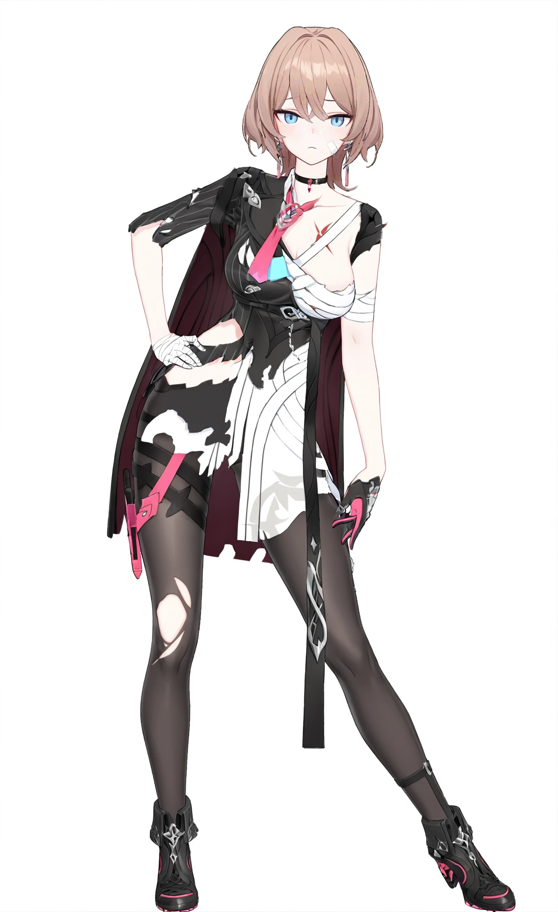 score_9, score_8_up, score_7_up, score_6_up, 8k,
8k, best quality, masterpiece, (ultra-detailed), (high detailed skin), white background, simple background,
(full body), (white background), standing, looking at viewer, (solo), hand on hip,
<lora:Lantern-A3-Tanger:0.8>, dengsfl, broken clothes, torn clothes, brown hair, 1girl, blue eyes, gloves, bandages, bandaged arm, pantyhose, chokerblack footwear,