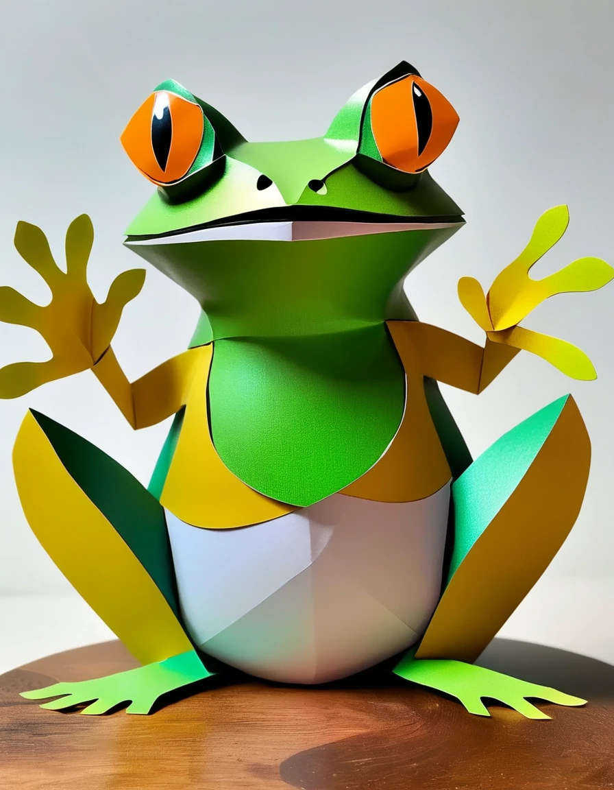 made out of ral-ppr, papercraft, paper, Frog, <lora:ral-ppr-sdxl:0.8>, positive emotional, contemporary, cinematic, beautiful elegant, flowing, glowing, creative, dynamic background, surreal, highly complex, winning