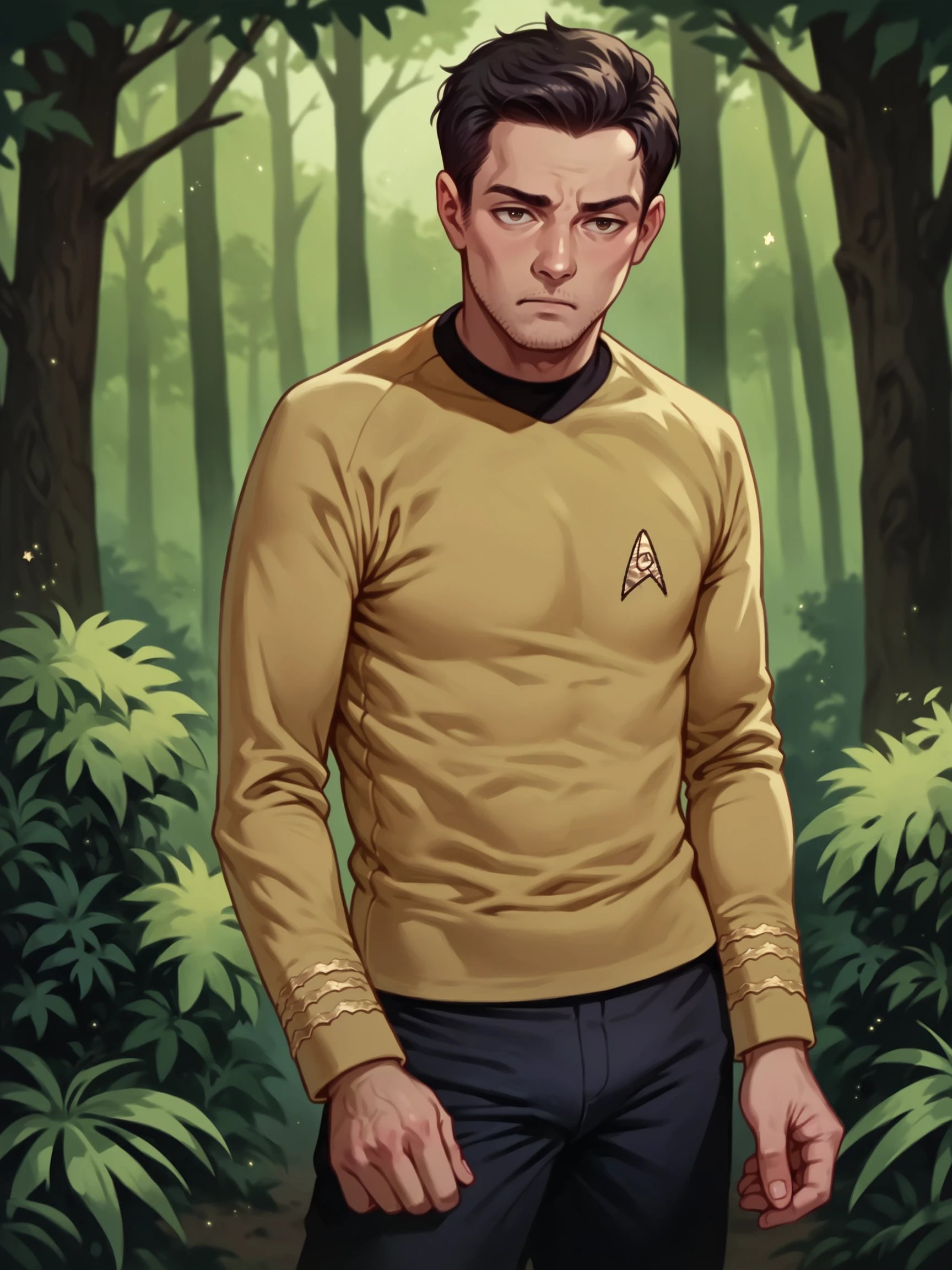 score_9, score_8_up, score_7_up, score_6_up, score_5_up, score_4_up,1boy in stunf,star trek uniform yellow,in a forest,long sleeves<lora:ponytosnewV2>