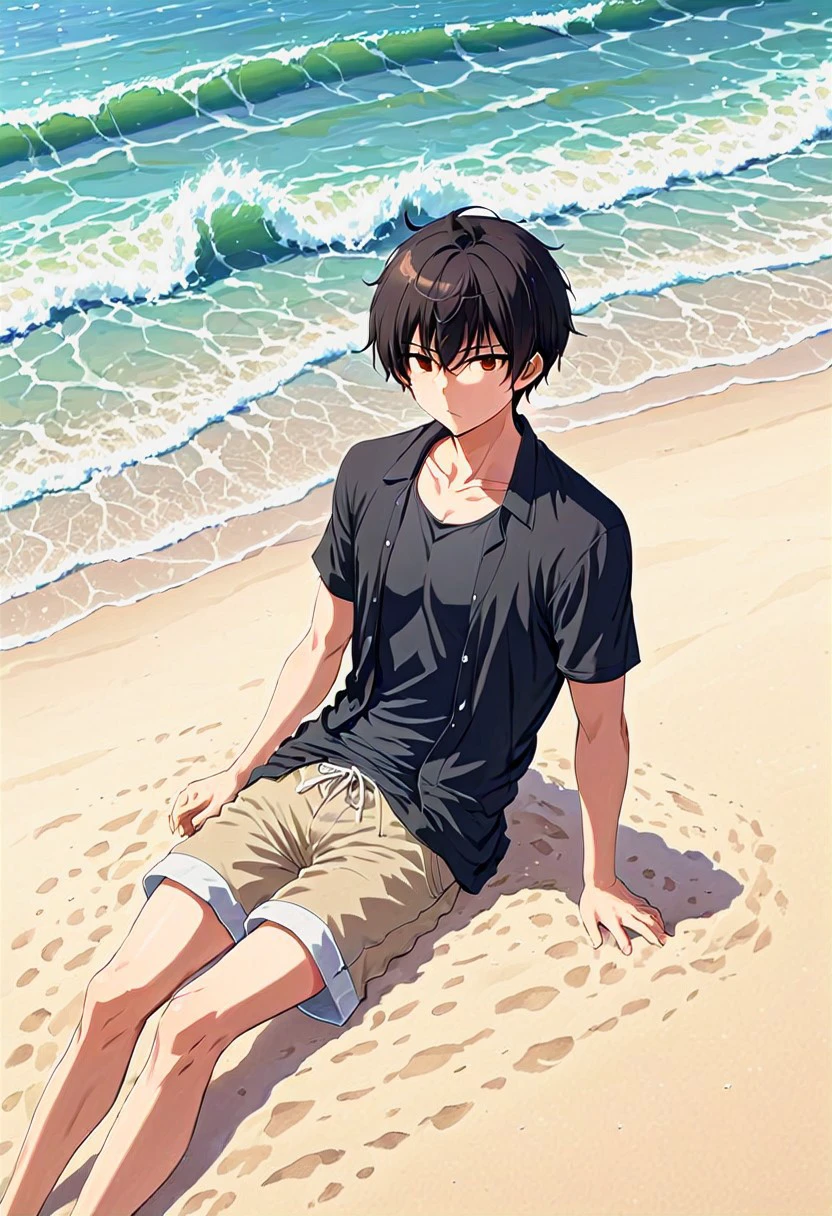 high resolution, solo, best quality, 1Boy, Seiya Kanie, Black Hair, Short Hair, Thin, Brown Eyes, At the beach, sand, waves, relaxation, shorts, open shirts, black t-shirts, layering look style,