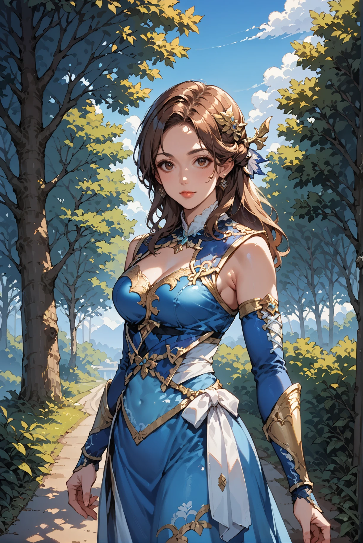 score_9, score_8_up, score_7_up, source_anime, 1girl, solo, brown hair, long hair, blue dress, brown eyes, tree, outdoors, hair ornament, looking at viewer, <lora:Zhang_Chunhua_Dynasty_Warrior:0.8>