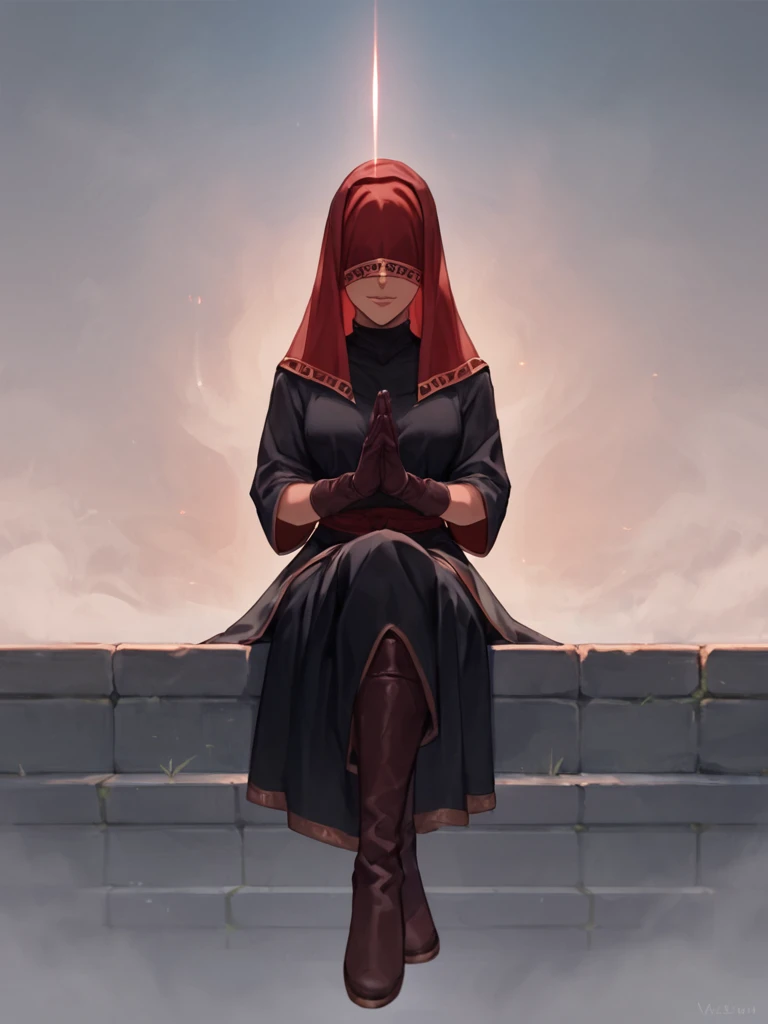 score_9, score_8_up, score_7_up, visasmarr, red veil, covered eyes, 1girl, black robes, gloves, boots, solo, levitating, floating, meditating, crossed legs, sitting, hands on knees, robe, looking at viewer, blue ambient light, fog