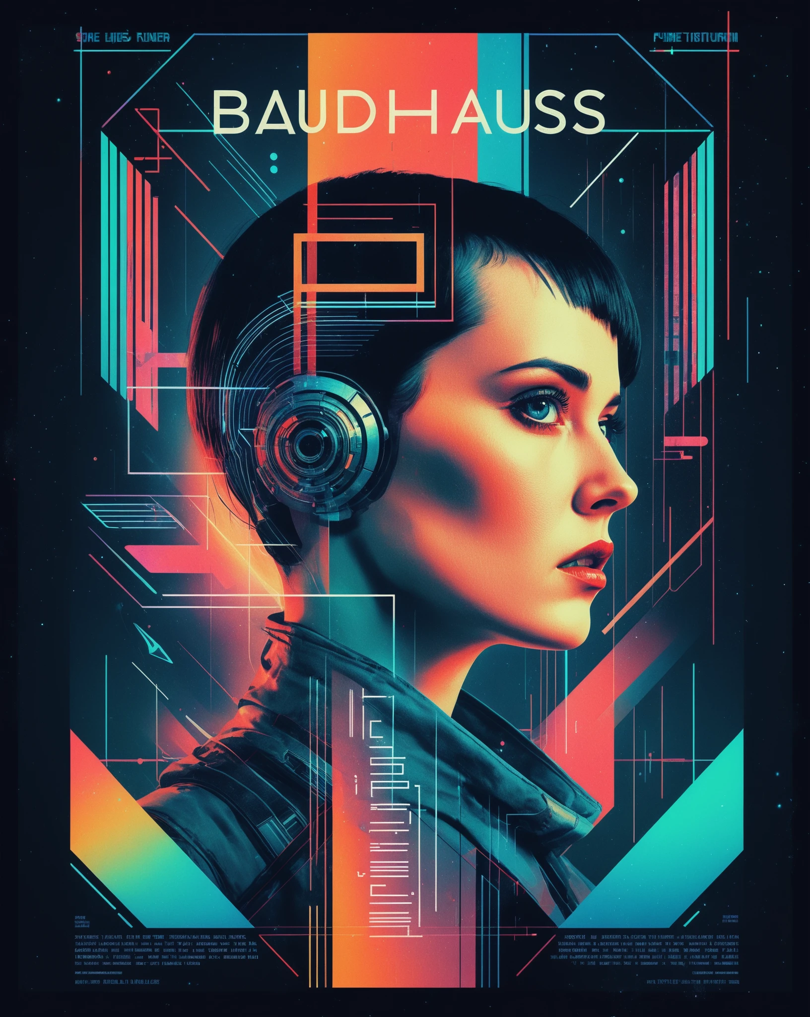 women, flat shading, bizarre technology, faded colors, faded bright colors, cyber-inspired typography, futuristic imagery, retrofuturism graphic designe, Holographic and Reflective Elements, Geometric Influences, strait lines, space thriller poster, Bauhaus, shapes, lines, abstract, Bladerunner, Cyberpunk