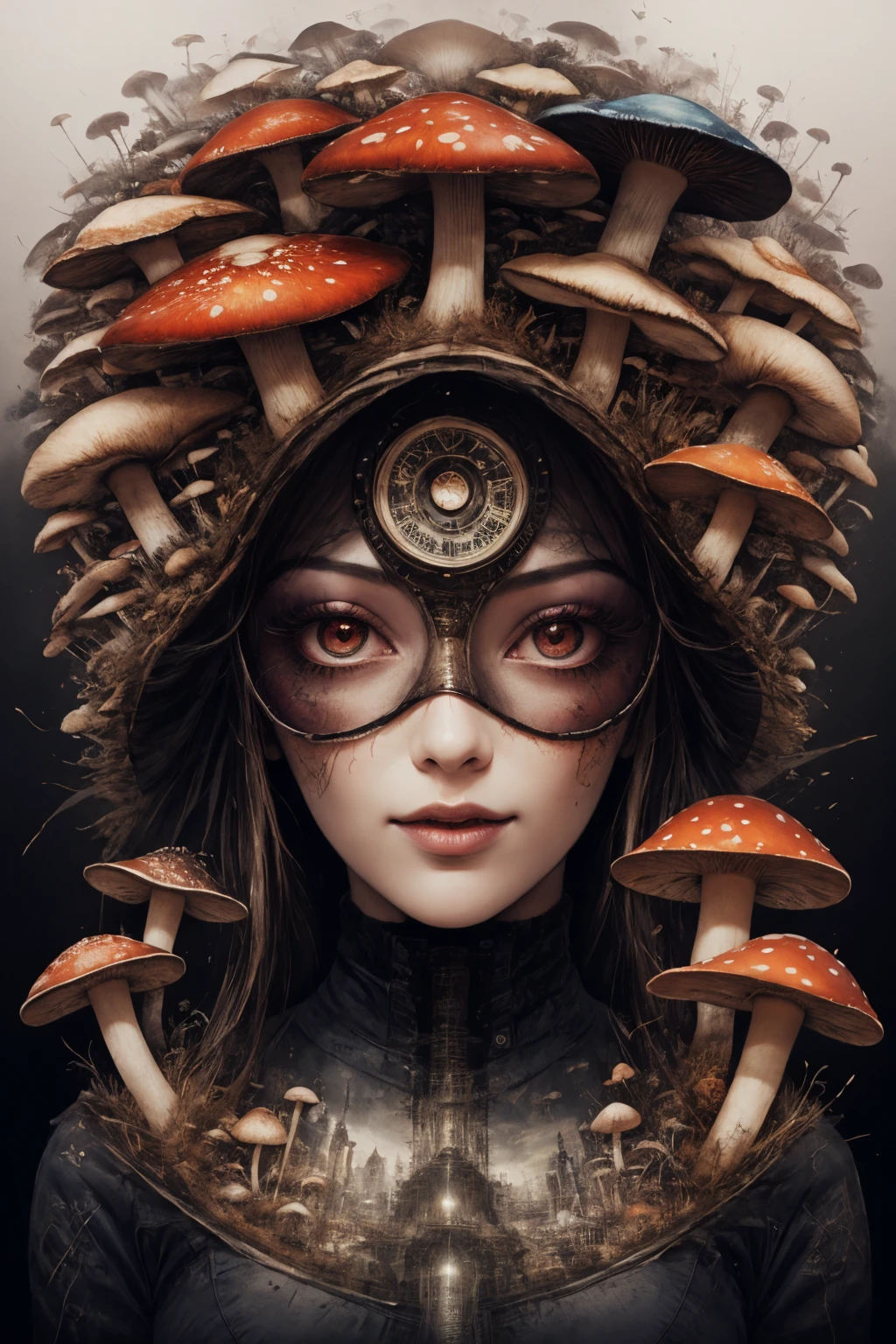 girl, sexy, pretty mushroom, love, double exposure steampunk style, amazing depth,high resolution, sharp, 4k, realistic,
<lora:Mushroom_PortraitSD1.5:1>