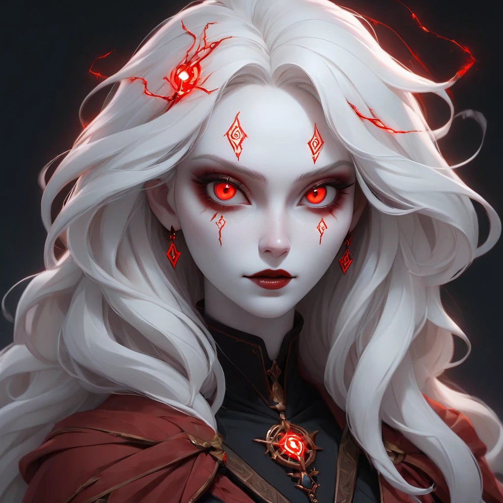portrait of a woman, a warlock, her pale white skin has glowing red runes, her eyes are black and red, her hair is wild and frizzy, beautiful but painful