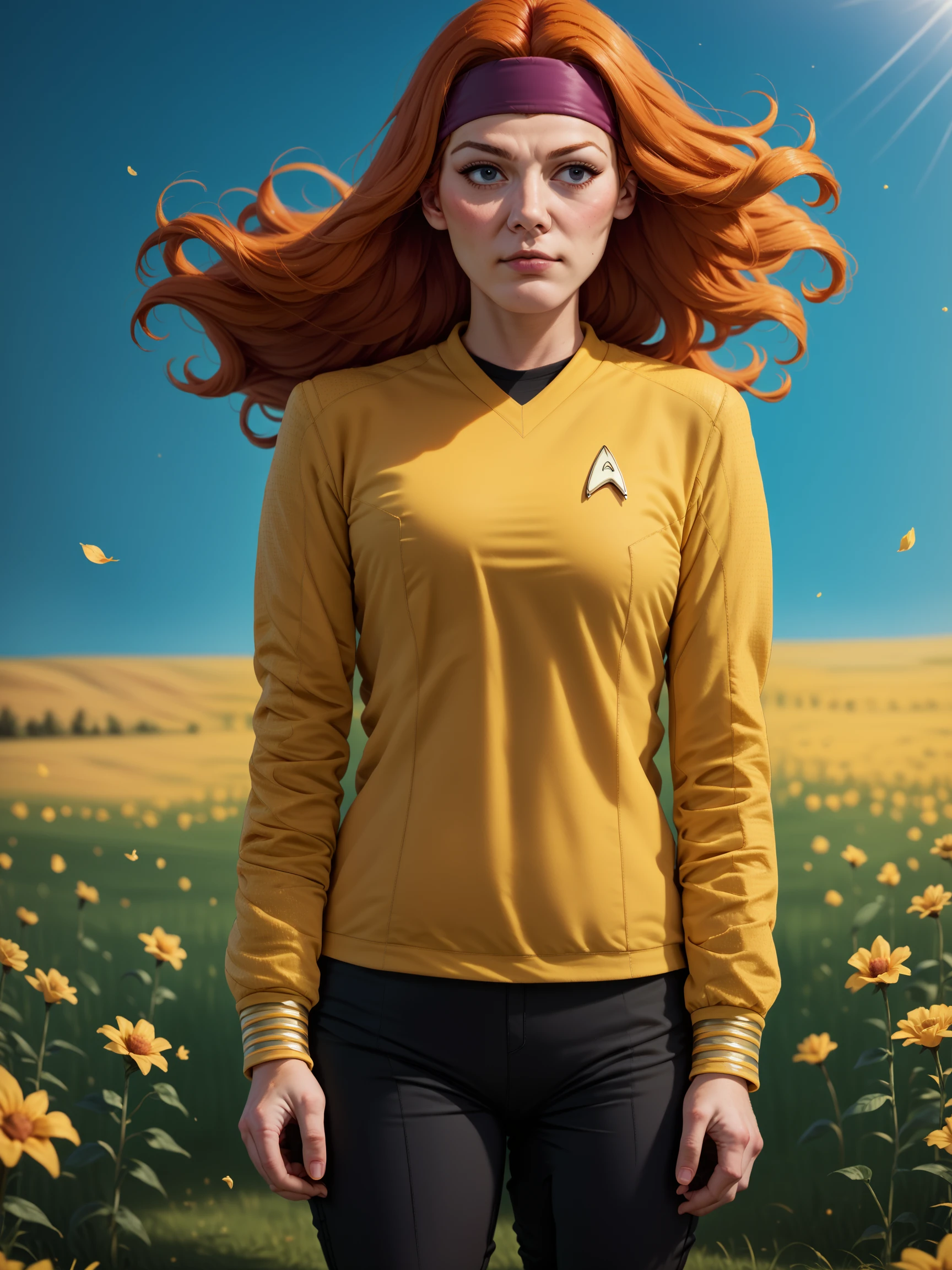 score_9, score_8_up, score_7_up, score_6_up, score_5_up, 1girl, solo, star trek yellow uniform, in stsnwunf,long sleeves,black pants,sunny day,on a field,peaceful, ginger long hair,wind,violet headband,rainbow<lora:ponySNW:0.8>