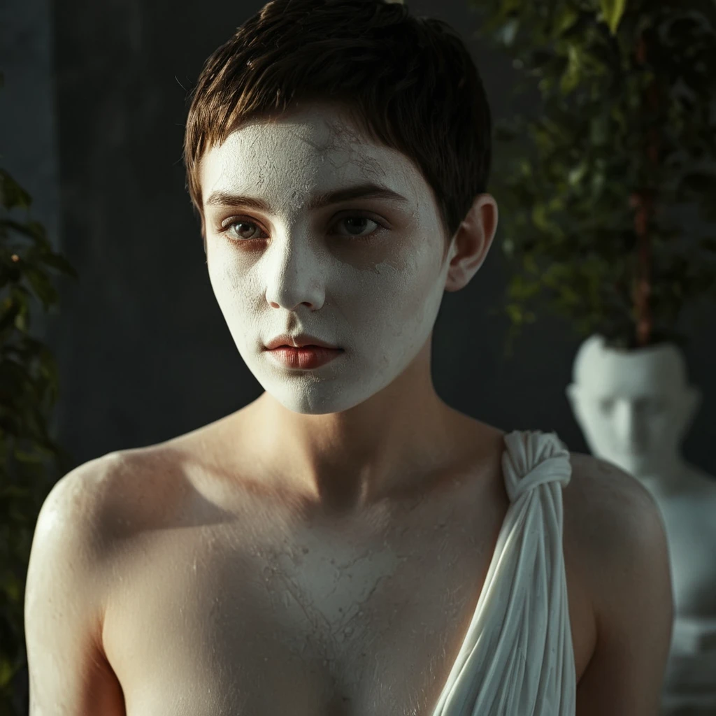 cinematic film still of  <lora:Marble sculpture style:0.9>
Marble sculpture a woman with white sculpture statue skin on her face and body, movie themed, sharp, detailed, epic cinematic photography, artistic creative style, dramatic light, cinematic color style, skin tone Marble sculpture film style, Kodak, 35 mm film style, Marble sculpture style, closeup, solo, looking at viewer, black hair, 1boy, closed mouth, male focus, blurry, black eyes, blurry background, expressionless, plant, portrait, very short hair, short hair, upper body, realistic
, shallow depth of field, vignette, highly detailed, high budget, bokeh, cinemascope, moody, epic, gorgeous, film grain, grainy