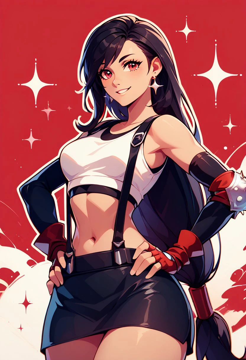score_9, score_8_up, score_8, medium breasts, (curvy), cute, eyelashes,     
rating safe, 
BREAK,
defTif, red eyes, black hair, low-tied long hair, earrings, white sports bra, black suspenders, black miniskirt, arm warmers, black elbow gloves, elbow pads, red gloves, 
hand on hip, smile,  
BREAK,
smile, looking at viewer, 
abstract red background, white outline, cowboy shot, sparkles, 
zPDXL, Expressiveh