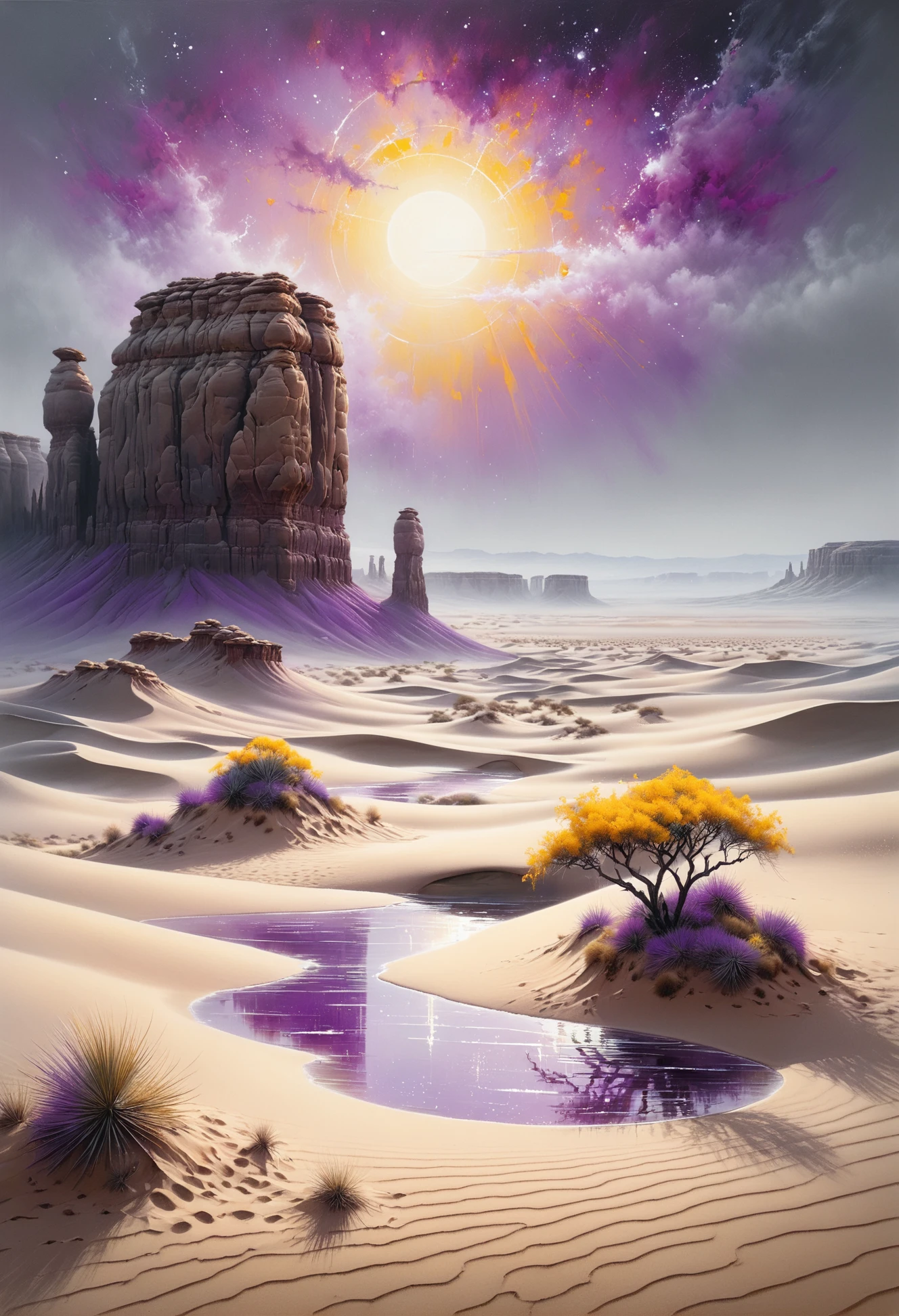 A highly detailed and hyper-realistic image by Alena Aenami, Archibald Thorburn, and Daniele Afferni, featuring a mystical desert oasis. The oasis is surrounded by rolling sand dunes and unusual rock formations, rendered in the style of monochromatic silhouette reflection with a limited dark palette of gray, accented by bright splashes of yellow and violet. Atmospheric haze and dramatic cinematic lighting enhance the surreal feeling, with motion blur and film grain for a professional finish. The composition is excellent, capturing the finest details of the landscape, resulting in an ultimate detail level masterpiece of the best quality. <lora:Wildcard-Detail_Enhancer:1> <lora:Grainy-v1:0.5>