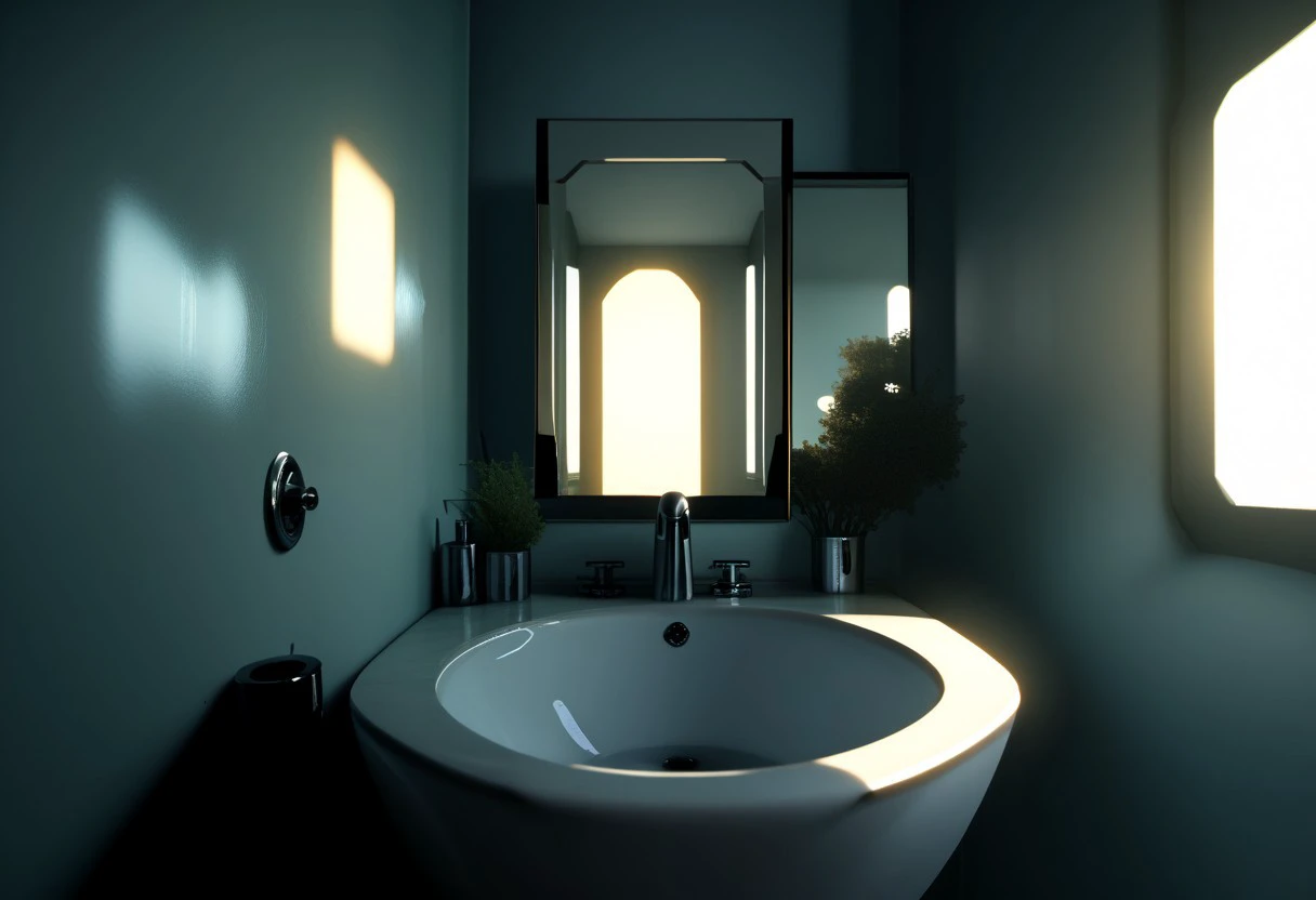 EnD_CyberFutureLandscape Style, futuristic bathroom, mirror, toilet, sink basin, specular highlights, side lighting, extreme light and shadow, cinematic lighting, natural lighting, score_9, score_8_up, score_7_up, score_6_up, score_5_up, score_4_up,