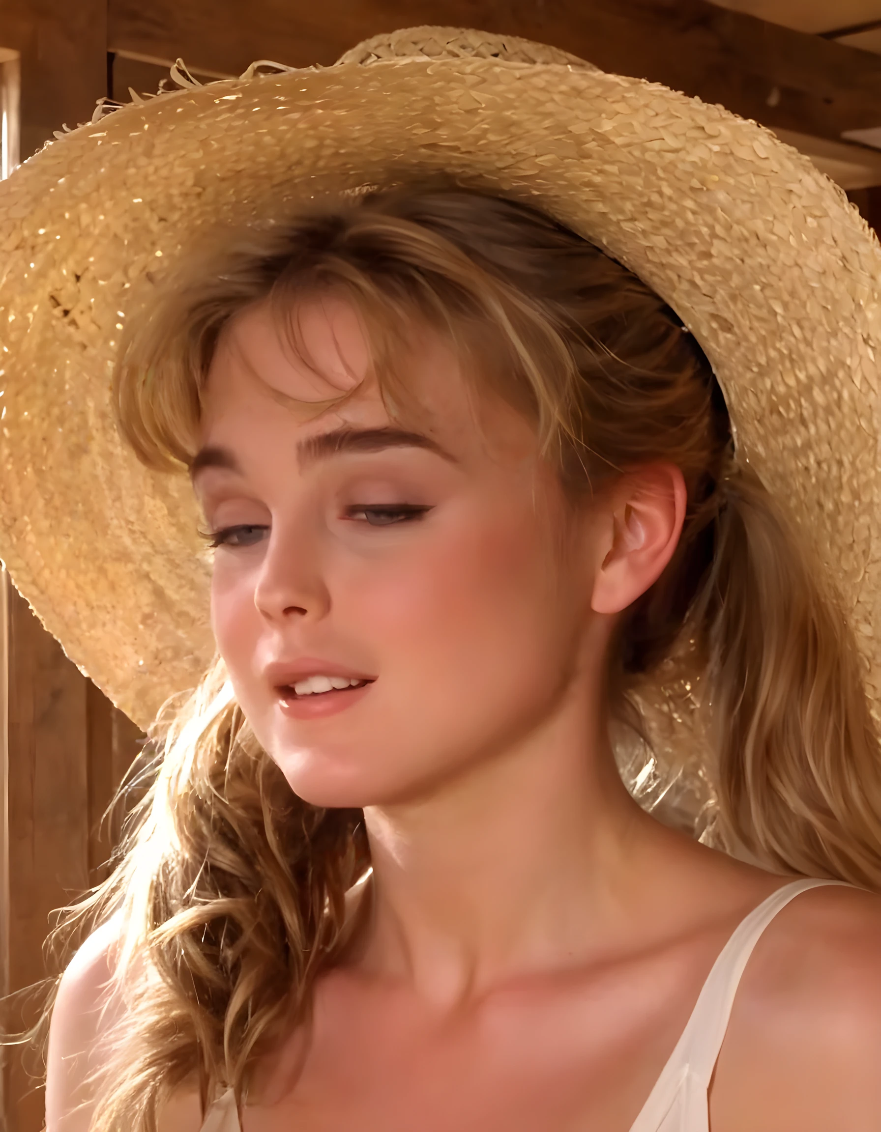 3R1C43L3N14K, A close-up image captures the visage of a breathtaking young woman, her long, disheveled chestnut hair cascading over her shoulders, adorned in a pristine white sundress, with a straw hat perched atop her head and a playful ponytail trailing down her back. The camera is angled slightly from below, creating an ethereal effect as it captures the delicate curves of her face, accentuated by the soft lighting filtering through the worn blinds behind her. Set against the simple, dimly-lit background of a rustic farmhouse kitchen, the woman exudes an air of quiet contentment and serenity, her eyes closed in a peaceful moment of reflection amidst the gentle hum of the countryside.