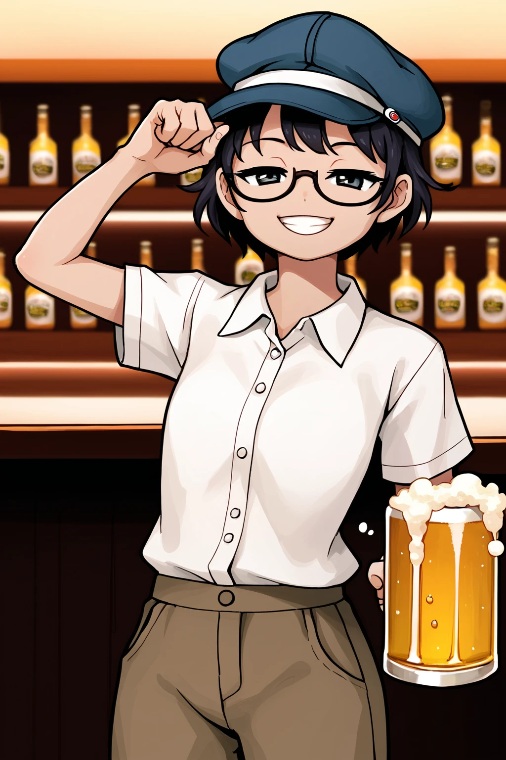 score_6_up,<lora:ZUN:0.8>,1girl,flat cap,flat hat,skinny,,black square glasses,very short hair,ZUN,parody,looking at viewer,beer, beer mug,cheering, half-closed eyes, bar background,smile,shirt,teeth,(buzz cut:0.4),drink bar,collared shirt