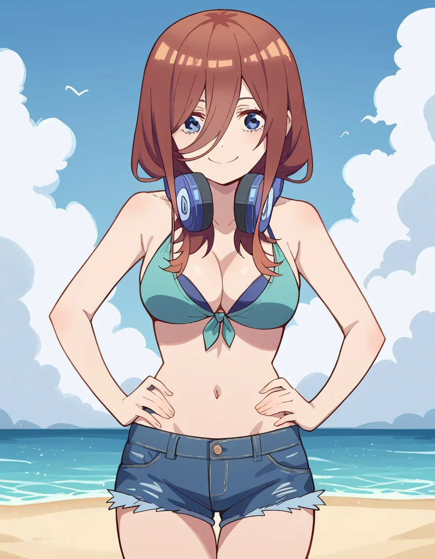 score_9, score_8_up, score_7_up, source_anime, mikunakano, <lora:miku-nakano-s2-ponyxl-lora-nochekaiser:1>, miku nakano, long hair, bangs, blue eyes, brown hair, hair between eyes, headphones, headphones around neck,, <lora:cutoff-jeans-ponyxl-lora-nochekaiser:1>, cutoff jeans, cutoffs, denim shorts, bikini, bikini top, cleavage, navel,, beach, smile, hands on hips,, cowboy shot,