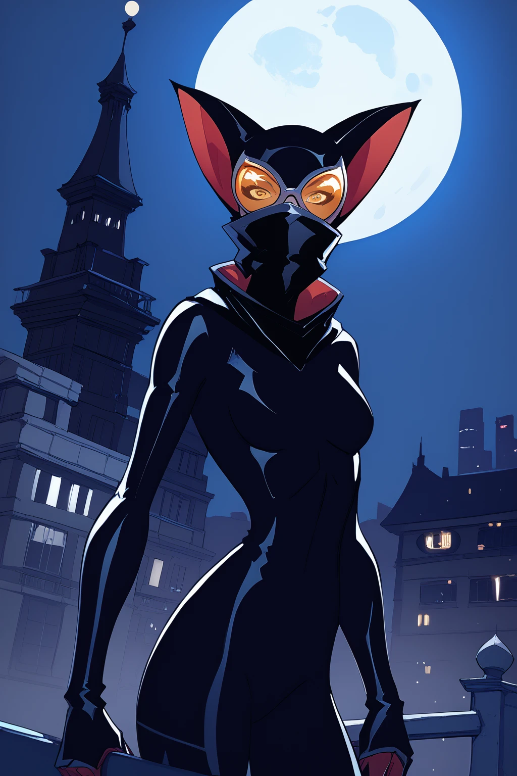 score_9, score_8_up, score_7_up, masterpiece, high quality, BREAk
 <lora:Catwoman 2004PonyLoRA:1>ctwm2004, cat ears, black bodysuit, goggles, gloves, sharp fingernails, lean forward, on a rooftop, at night, citylights, moon, high colloar. mouth mask
 <lora:Michael TurnerStylePonyLyco:1> mtms