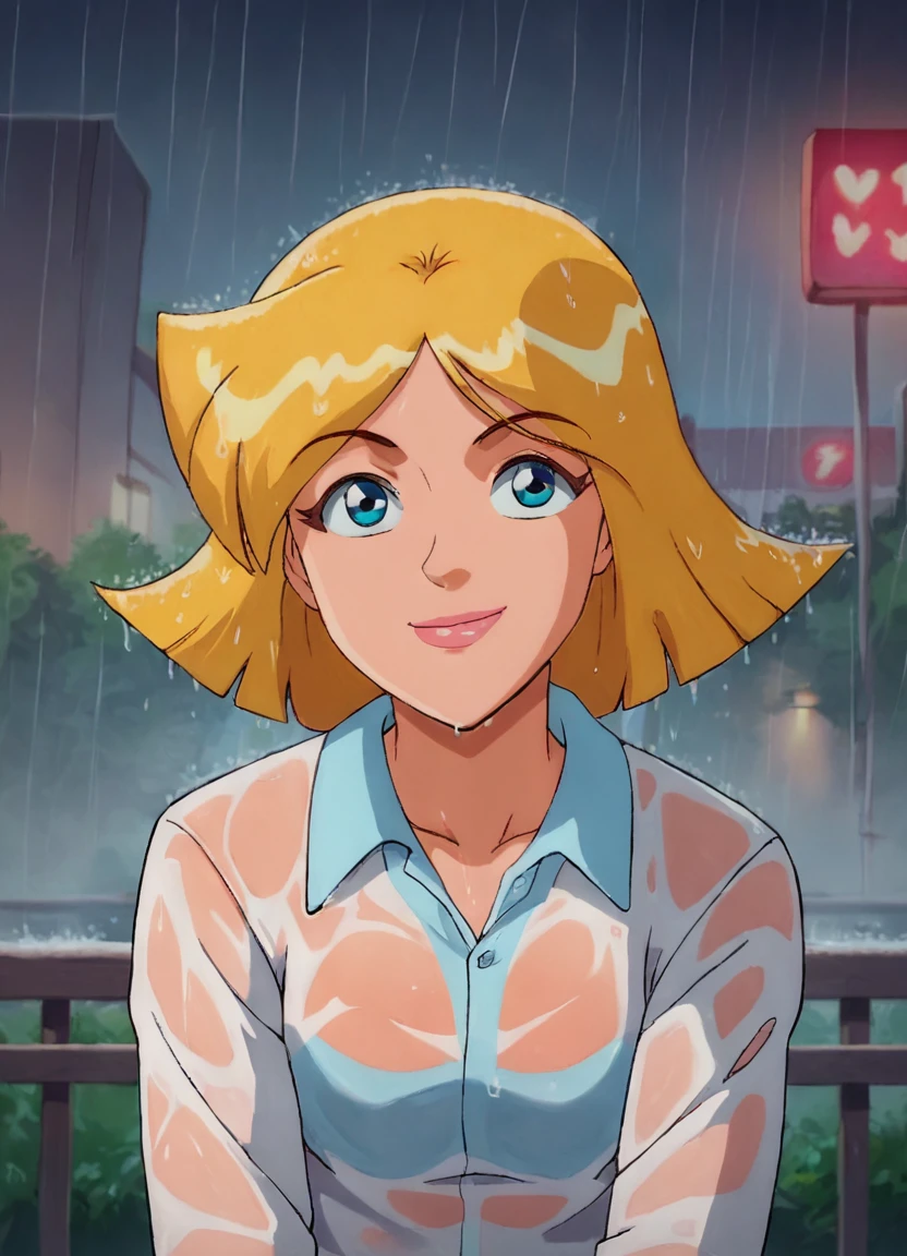 score_9, score_8_up, score_7_up, tsclover, girl, solo, short hair, blonde hair, collared shirt, wet clothes, smile, rain, source cartoon, retro artstyle