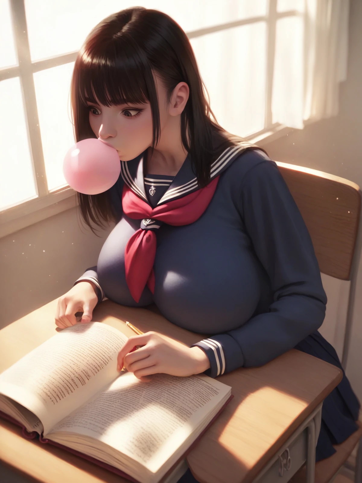 score_9,score_8_up,score_7_up,realistic,classroom,1girl,<lora:Itoha Kamiizumi:0.8>,black_hair,solo,school uniform,sitting,desk,studying,large breasts,sunlight,chewing gum,