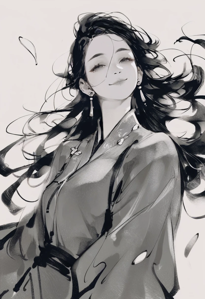 score_9, score_8_up, score_7_up, score_6_up, <lora:InkXL_P6_lokr_V43P1:0.95> monochrome, solo, long hair, black hair, 1girl, white background, long sleeves, chinese clothes, jewelry, simple background, smile, earrings, hanfu, closed mouth, looking at viewer, looking up, dress, petals