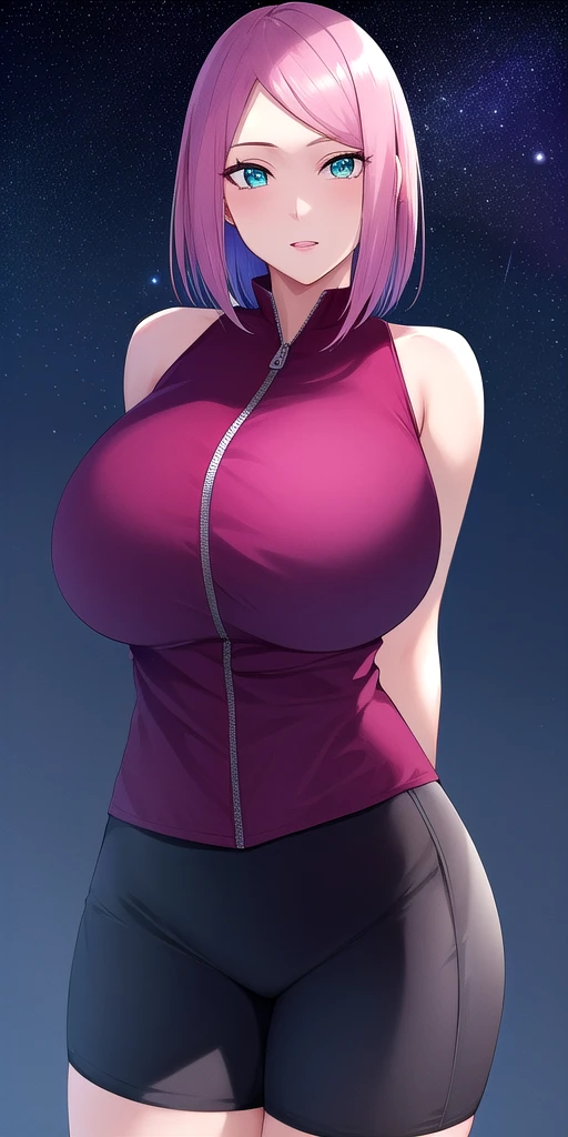 <lora:HarunoSakuraV5:0.7> huge_breasts, harusakumature, standing, solo, arms_behind_back, starry_sky,  red_sleeveless_shirt_zipper_black_bike_shorts_elbow_sleeve_overskirt, masterpiece, best_quality, detailed_face, detailed_eyes, highres, beautiful, detailed, absurdres,