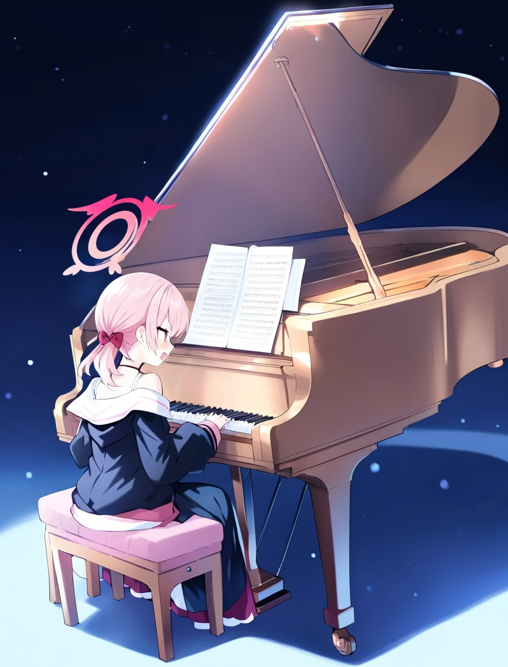 1girl,tsunako, totoki86,
solo,koharu \(blue archive\),sitting,blush,playing piano,grand piano,full body,looking back,     <lora:grand_pianoSY2:1>, masterpiece, newest, absurdres,safe