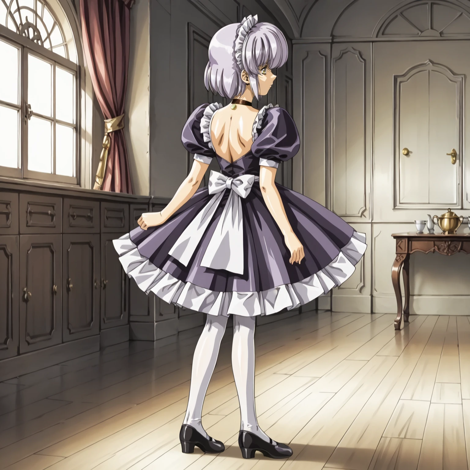 <lora:FI_SophiaXLpony002>,
solo,
Sophia,1girl,light purple hair,short hair,sidelocks,yellow eyes,
large breasts,
maid headdress,
choker,
maid,
white_pantyhose,
indoors,
full body,standing,looking back,