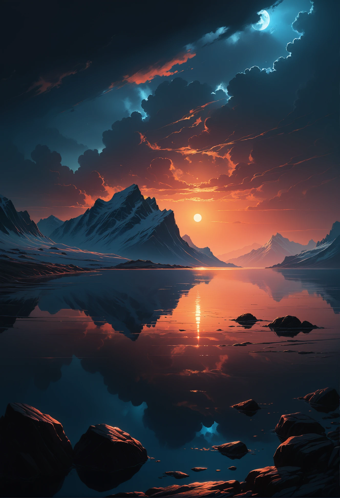 highly detailed and hyper realistic image, by Alena Aenami , by Archibald Thorburn , by Daniele Afferni , a breathtaking otherworldly landscape with mystery colors , in the style of monochromatic silhouette reflection, limited dark palette, unusual dark colors, faded colors, atmospheric haze, highly dramatic cinematic lighting, motion blur, film grain, professional, excellent composition, finest details, maximized details, ultimate detail level, masterpiece, best quality, OverallDetailXL, Fixl-art, <lora:Art-full_v1:0.3>