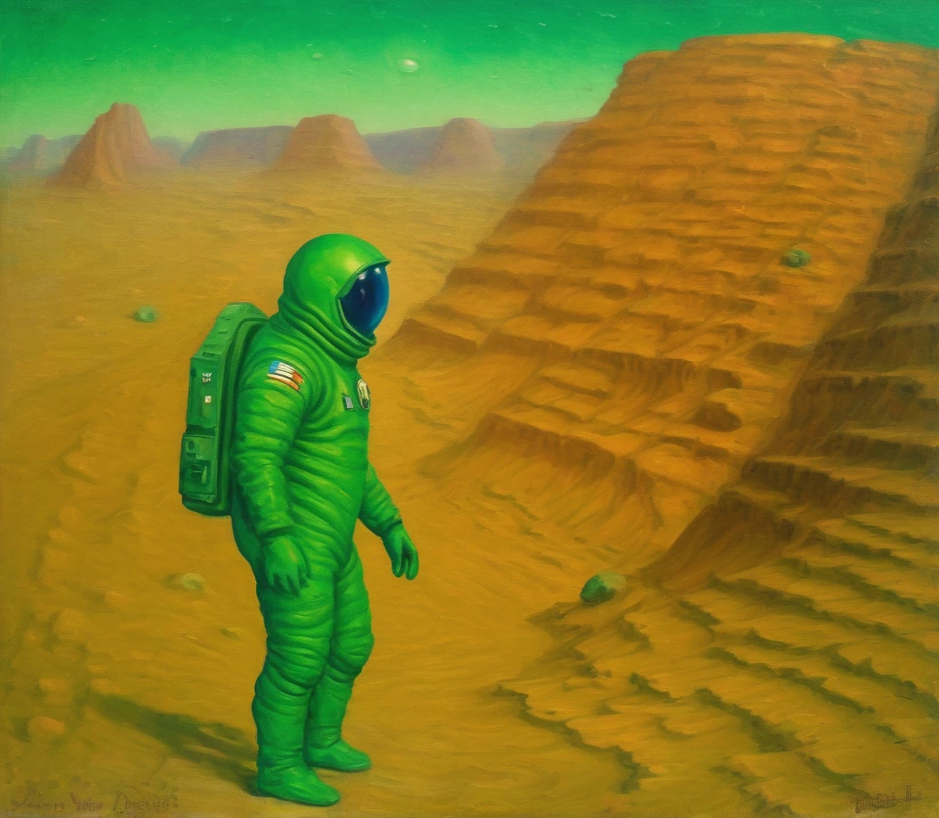 <lora:Jazep_DrazdoviÄ_style:1>,jazep drazdoviÄ style,martian landscape,man in green  spacesuit,oil painting