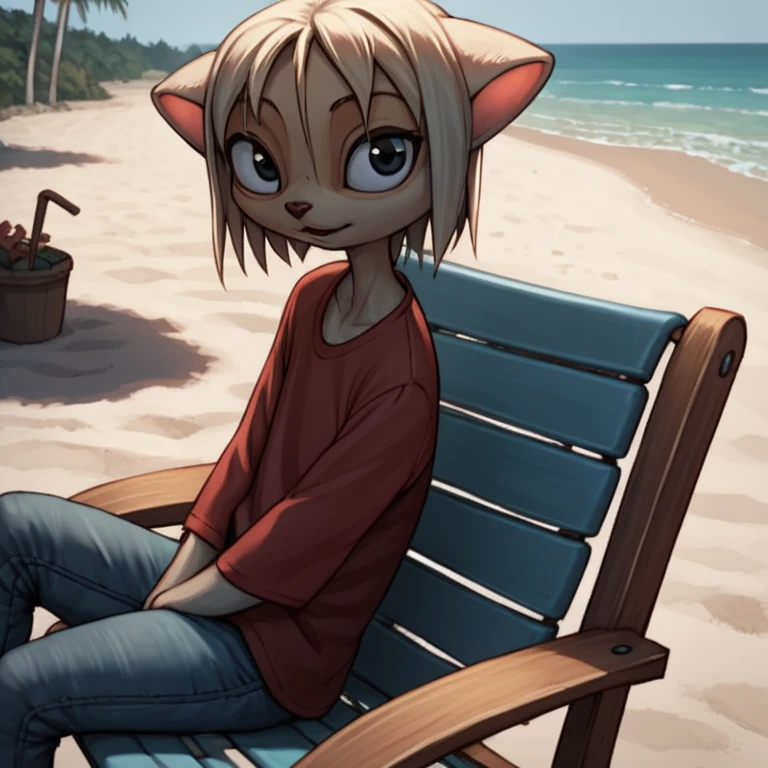 score_9, score_8_up, score_7_up, BREAK source_anime , <lora:Paige_Dreamkeepers_pony-8:0.8>,
,outdoors,detailed backround,natural light,shadow detail,
paige,solo,looking at viewer,furry,facial marking around left eye,red shirt,jeans,sitting in beach chair,beach