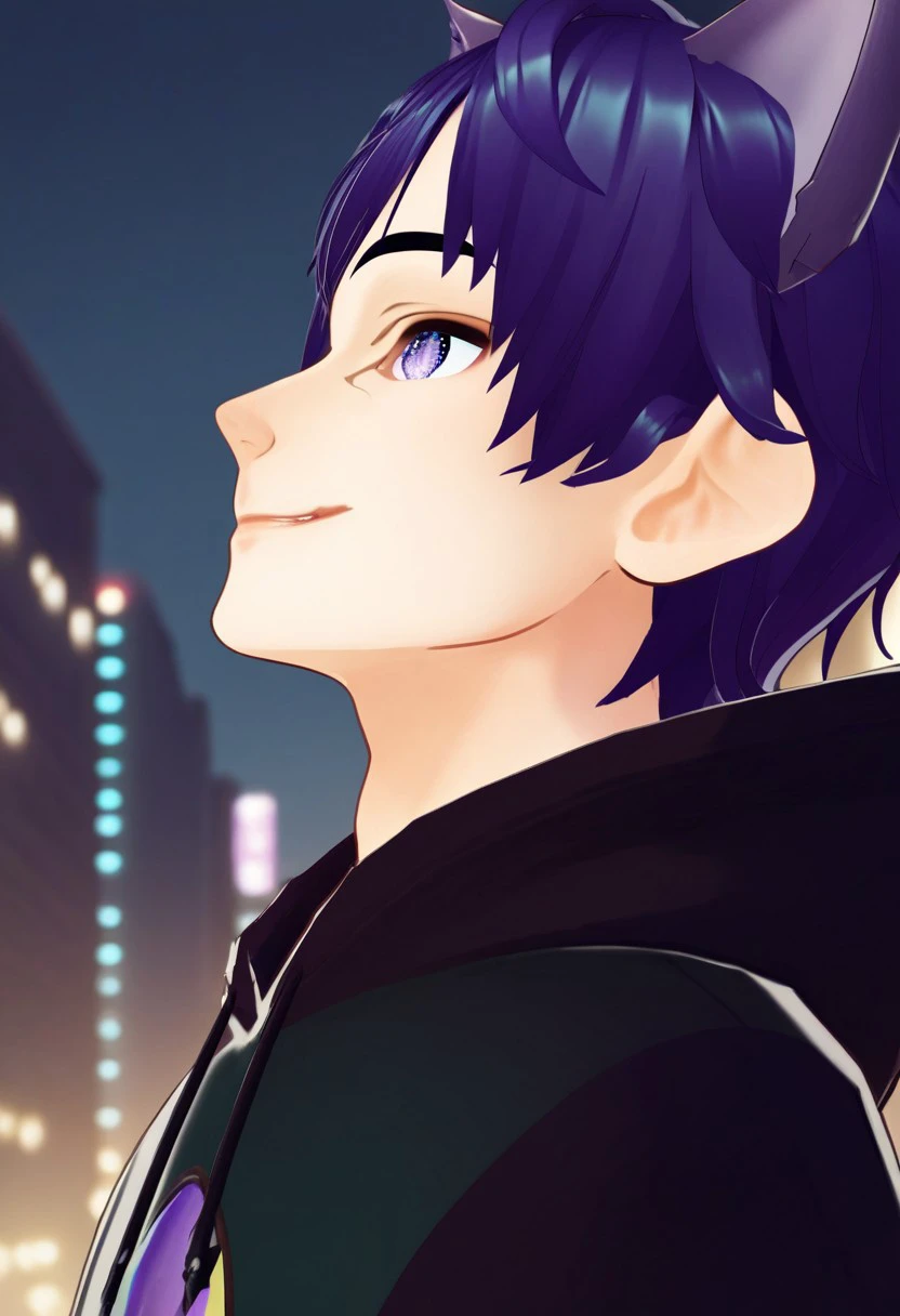 end_vtuber_dusk, 1boy, male focus, solo, animal ears, hoodie, hood, cat ears, purple eyes,  smile,  purple hair, from the side, profile, virtual youtuber, gradient hair, studio photography, detailed eyes, detailed skin, textured skin, specular highlights, side lighting, city view, outdoors, extreme light and shadow, cinematic lighting, cinematic angle, score_9, score_8_up, score_7_up, score_6_up, score_5_up, score_4_up,