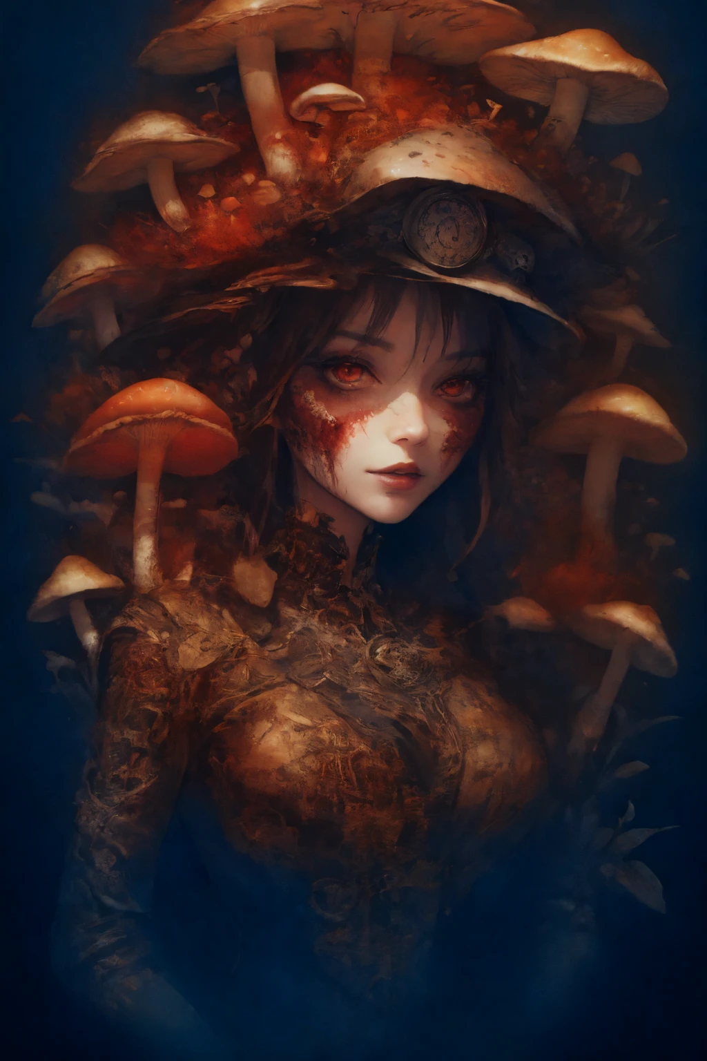 girl, sexy, pretty mushroom, bloody, double exposure steampunk style, amazing depth,high resolution, sharp, ink painting,
<lora:Mushroom_PortraitSD1.5:1>