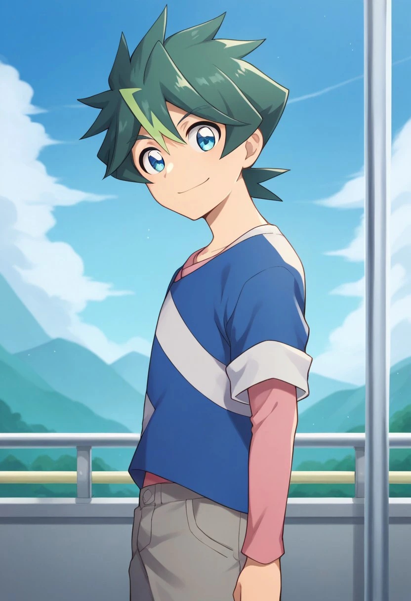 score_9, score_8_up, score_7_up, source_anime, highly detailed, 
shin, 1boy, male focus, solo, green hair, shorts, upper body, blue eyes, smile,
multicolored hair, shirt, pink shirt, long sleeves, blue shirt, stripes, short sleeves, standing, looking at viewer, grey shorts, spiked hair, upper body,
outdoor, train, sky, shinkansen