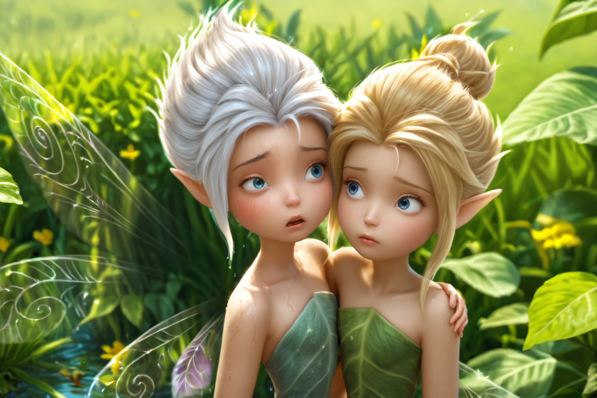 (2girls, fairies, enlarged surroundings, summer, flowers, large green plants:1.3), (masterpiece, top quality, best quality, detailed scenery background, official art, beautiful and aesthetic, extremely detailed, best quality, absurdres:1.3), (detailed realistic shiny skin:1.3) with (highlights:1.2), (detailed natural lighting, depth of field:1.3) (hyperrealistic:1.5), vivid 16k colorful hdr, highest detailed, (young:1.5), (slender:1.5), (skinny:1.2), (petite:2), (delicate:1.6), (beautiful detailed eyes:1.2), <lora:XL-adjuster_Age-Slider_myNTC:-3><lora:skinny:0.4>, score_8, score_7, score_9, score_8_up, score_7_up, score_6_up, score_5_up, score_4_up, (closeup:1.2);BREAK, <lora:MPXL-char_Periwinkle_[p3r1w1nkle]_v1-000015-[7-7]:1> (periwinkle, tiny frost fairy, white hair, (melted wings:1.2), (tired, exhausted, flushed, sweaty, wet, overheated:1.5), (gasping, open mouth:1.3), (brows furrowed, eyes rolling up:1.1), (dazed:1.2) <lora:XL-featx_Sweaty-Realism-4_(242004):0.3>:1.3);BREAK, (tinkerbell, fairy, blonde hair bun, (concerned, worried:1.3), looking at another, leafy dress:1.3)