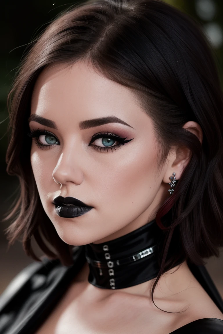 tesstaylor-3420, ((detailed eyes, detailed face):1.2), ((red lipstick, eye shadow, eyeliner, blush)), ,photo of a woman, RAW, close portrait photo, ((black bodysuit, cape)),((short hair, dark red hair)), ((outdoors, detailed scifi city, walking)), slim body, ((detailed skin, detailed face):1.2), ((detailed eyes, beautiful eyes)), 8k uhd, dslr, soft lighting, high quality, film grain, Fujifilm XT3 sharp focus, f 5.6,((black lipstick, heavy eyeliner, heavy eye shadow, goth makeup, pale skin)) , smiling ((detailed eyes, beautiful eyes, detailed face, beautiful face)),