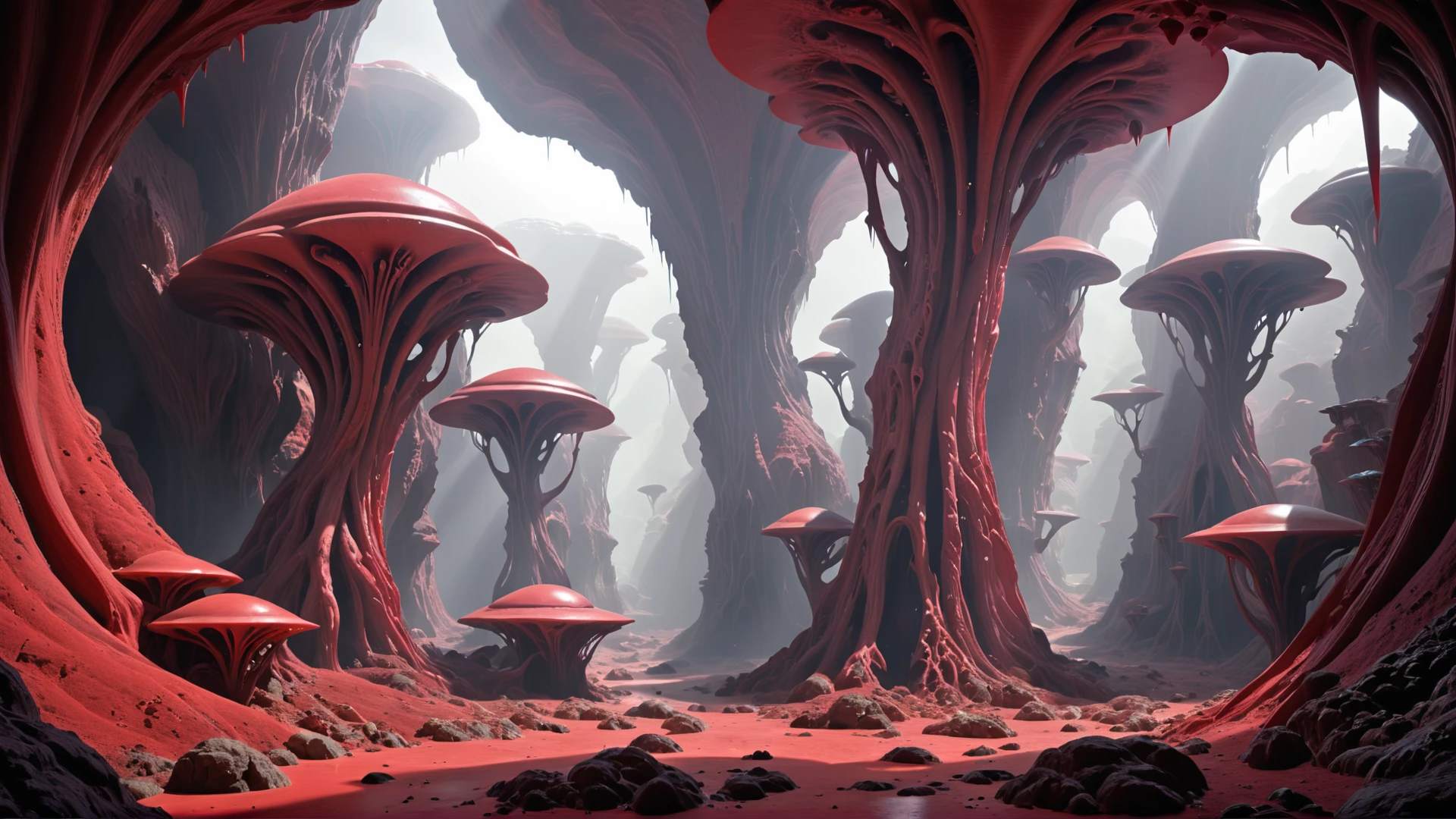 <lora:artfullyENVIRON_SDXL_V1:1>, alien planet, biome, environment setting, crimson caverns