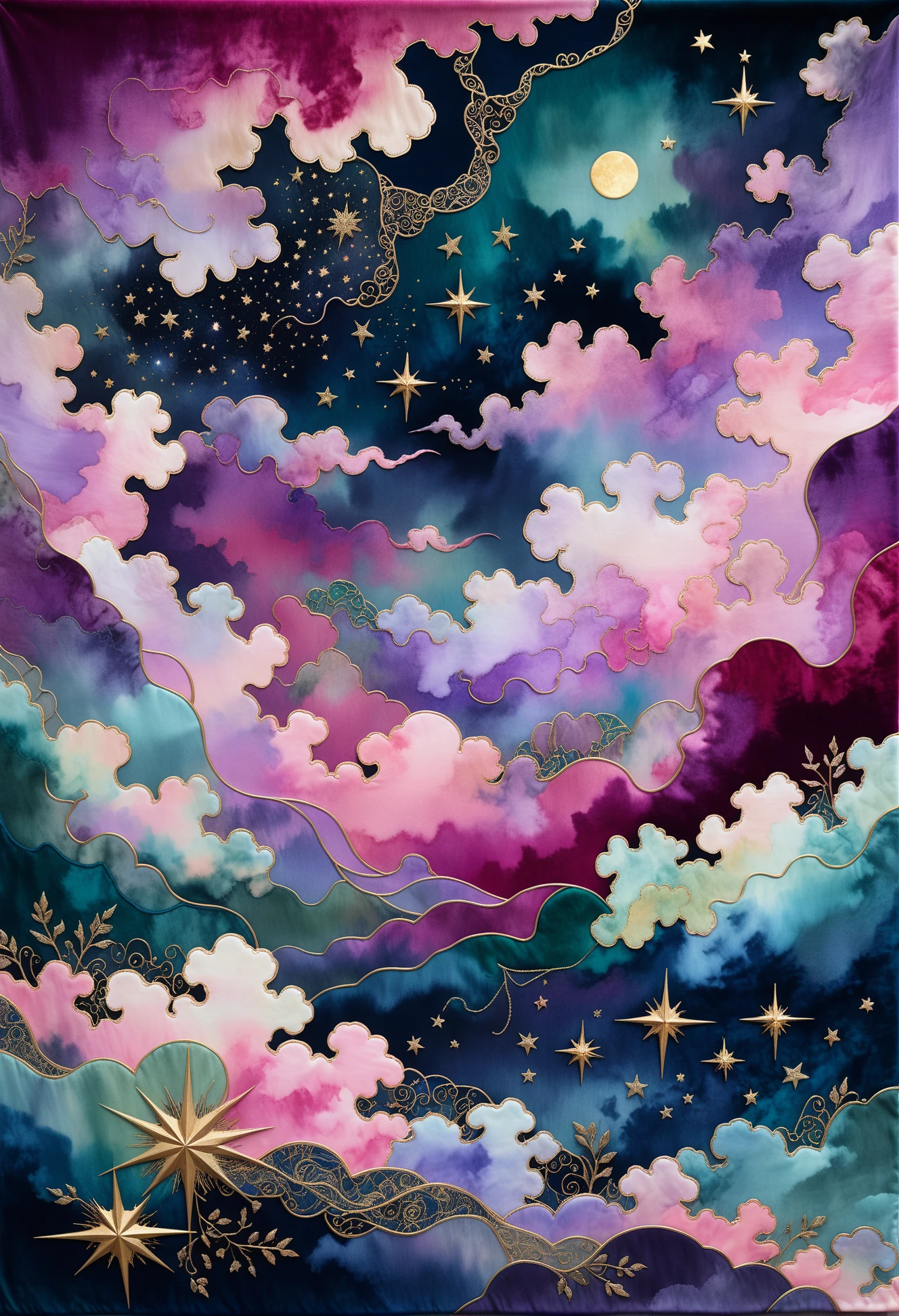A surreal celestial sky created using the frottage technique, with an intricate abstract pattern made from small pieces of silk, velvet, lace, and brocade in cherry, green, and lilac shades. The sky is rendered in calm dark harmonious hues, with fine textures forming abstract representations of clouds, stars, and celestial bodies. The composition is perfect, with each fabric piece blending seamlessly to create a serene and otherworldly atmosphere. The level of detail is extraordinary, capturing the delicate patterns of each fabric to produce a visually stunning and high-quality artwork. <lora:Wildcard-Detail_Enhancer:1>