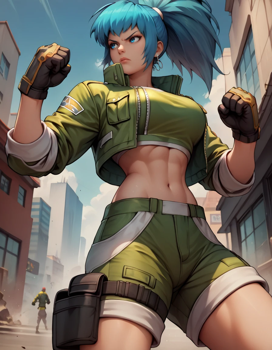 score_9, score_8_up, score_7_up,score_6_up, score_5_up, score_4_up , 1girl, solo,
large breasts,
leonakofdg,
blue eyes, blue hair, ponytail,
gloves, jacket, crop top, shorts,green jacket, green shorts,
fighting stance, combat boots, clenched hands, 
city, 
from below,
 <lora:Leona KOF  PonyXL v01-000003:1>