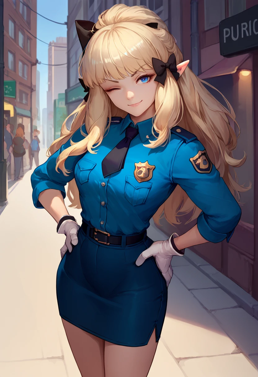 score_9, score_8_up, score_7_up, solo, 1girl, sarenastrum, smirk, looking at viewer, standing, hands on own hips, hair bow, black bow, pointy ears, one eye closed, police uniform, blue shirt, black necktie, badge, white gloves, blue skirt, pencil skirt, outdoors, city street <lora:princessconnect_saren_ponyXL:1>