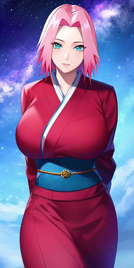 <lora:HarunoSakuraV4:0.7> huge_breasts, harusakushippuden, standing, solo, arms_behind_back, starry_sky,  kimono, masterpiece, best_quality, detailed_face, detailed_eyes, highres, beautiful, detailed, absurdres,