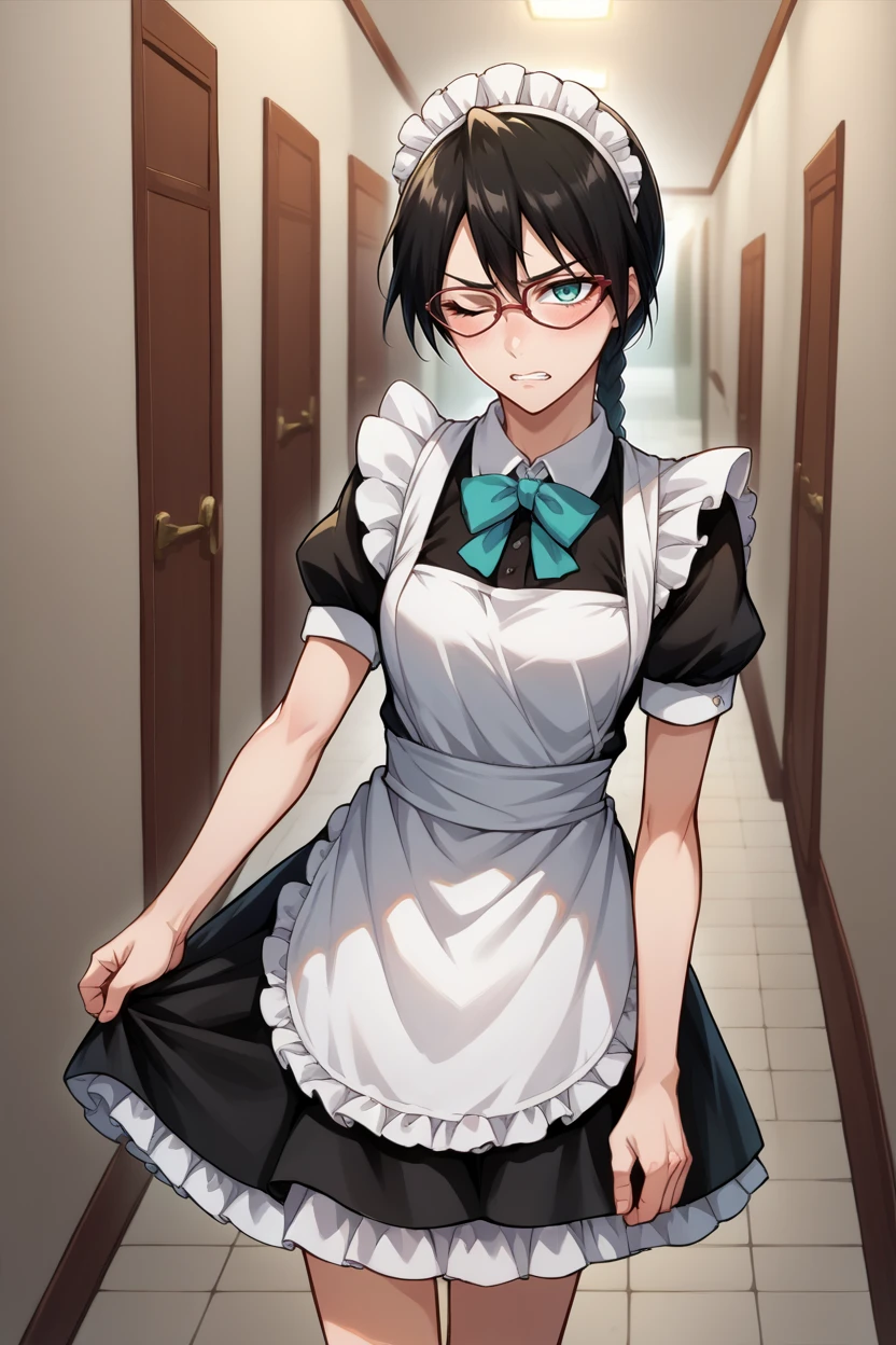 score_9, score_8_up, score_7_up, score_6_up, source_anime BREAK 1girl, solo <lora:yadoumarulisa-pdxl-nvwls-v1-000005:1> yadoumarulisa, black hair, aqua eyes, single braid, glasses, maid headdress, maid dress, apron, looking at you, blush, closed eyes, clenched teeth, hallway