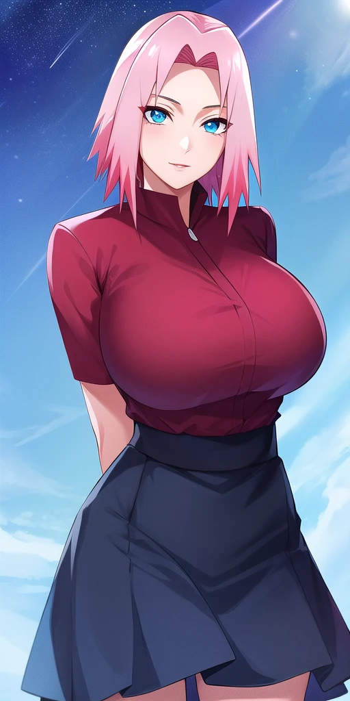 <lora:HarunoSakuraV5:0.7> huge_breasts, harusakushippuden, standing, solo, arms_behind_back, starry_sky,  skirt_suit, masterpiece, best_quality, detailed_face, detailed_eyes, highres, beautiful, detailed, absurdres,