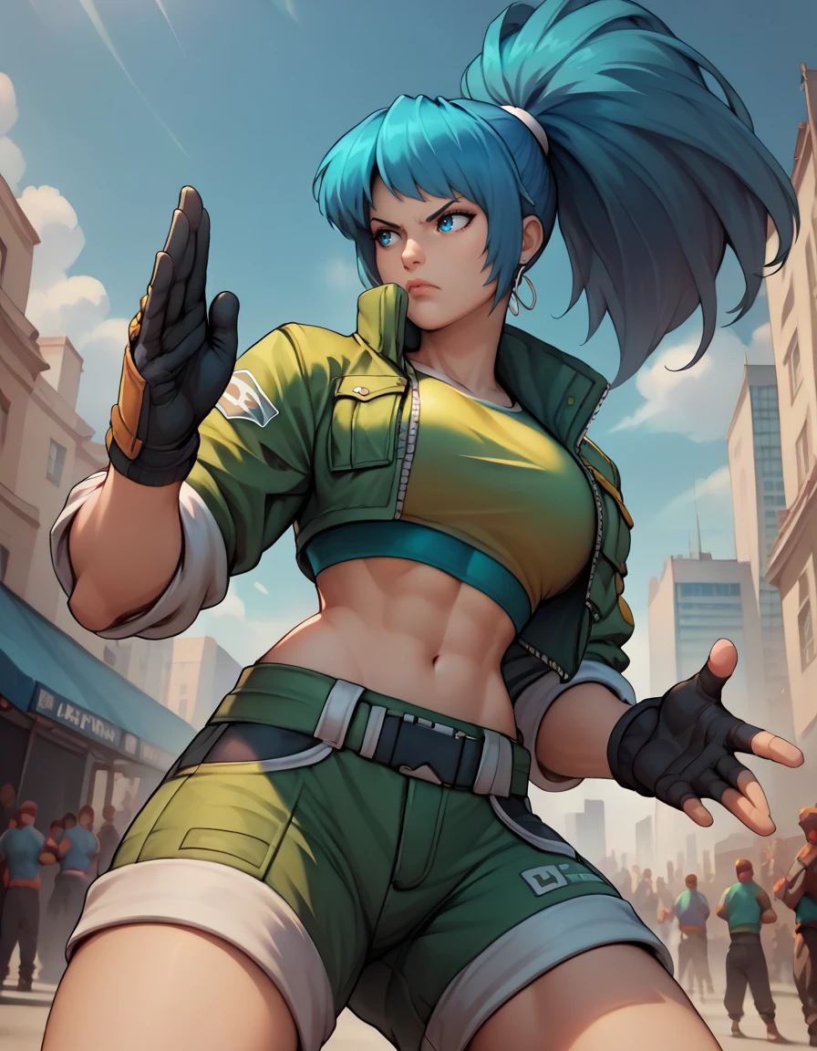 score_9, score_8_up, score_7_up,score_6_up, score_5_up, score_4_up , 1girl, solo,
large breasts,
leonakofdg,
blue eyes, blue hair, ponytail,
gloves, jacket, crop top, shorts,green jacket, green shorts,
fighting stance,
city, crowd, 
from below,
 <lora:Leona KOF  PonyXL v01-000003:1>