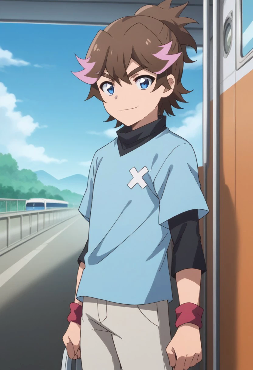 score_9, score_8_up, score_7_up, source_anime, highly detailed, 
solo, brown hair, pink hair, ponytail,1boy, male focus, upper body, multicolored hair, blue eyes, standing, shirt, blue shirt, short sleeves, black shirt, long sleeves, looking at viewer, pants, wristband, streaked hair, ponytail, smile, 
outdoor, sky, blue sky, train, shinkansen