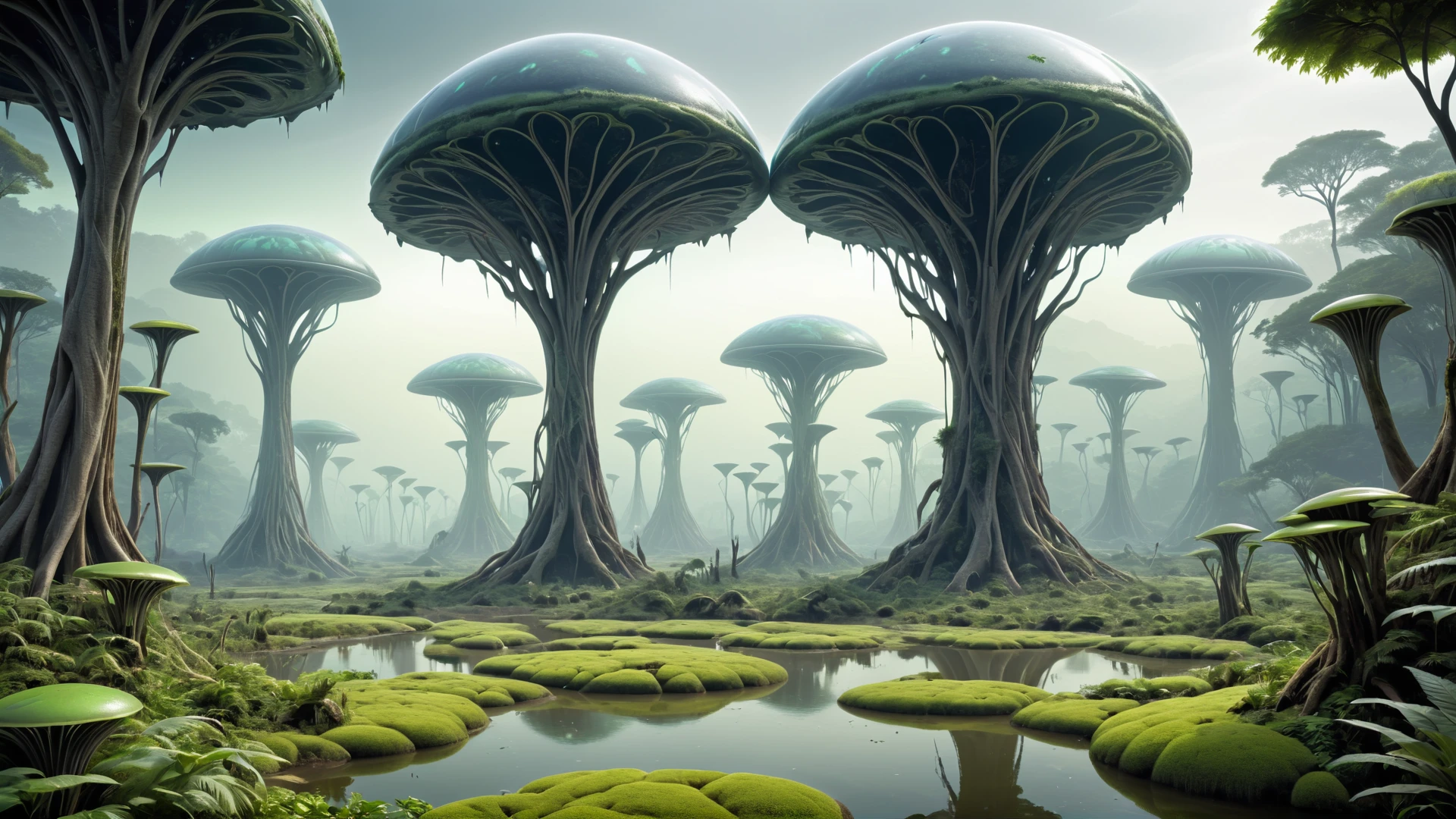 <lora:artfullyENVIRON_SDXL_V1:1>, alien planet, biome, environment setting, forest wetlands