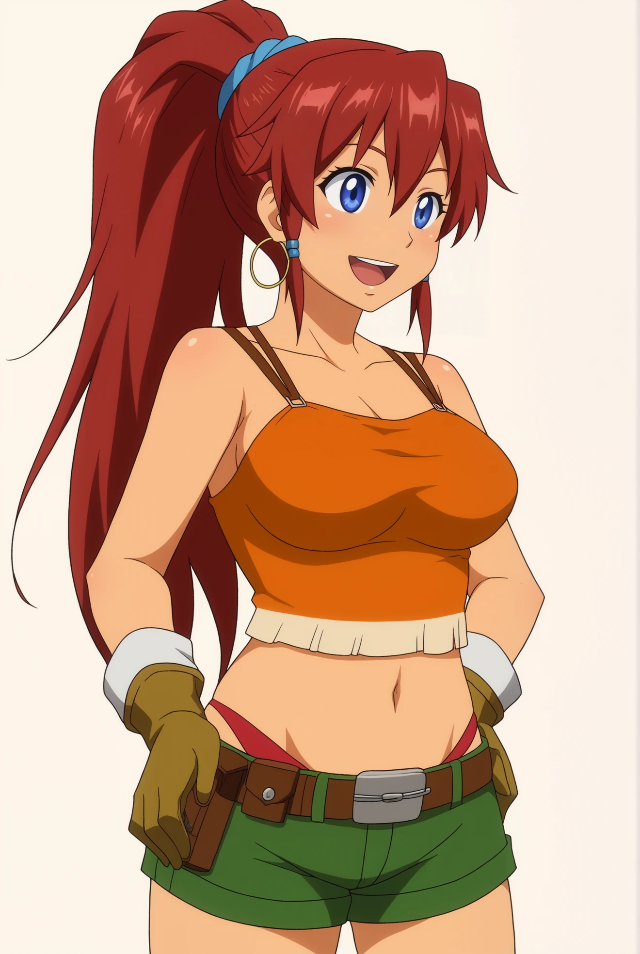 <lora:BellowsV3:0.8>, white background, Bellows, 1girl, solo, breasts, smile, open mouth, gloves, navel, jewelry, underwear, panties, shorts, belt, midriff, crop top, tank top, green shorts