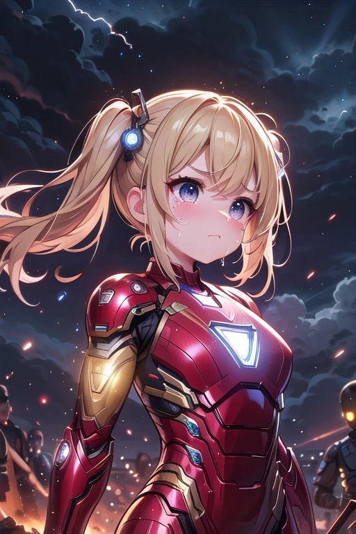 ((upper body)), ((nano gauntlet)), ((Infinity stones)), ((mechanical pointing up)), arm up, raise arm, floating hair, crying, sad, tears, frown, angry, sky, fire, wind, dust, dark, steam, ember, night, cloud, marvel, avengers, endgame, battlefield, crowd, iron girl, big breasts, sexy body, kneeling, blonde twintails, <lora:girlhatenanogauntlet:0.9>