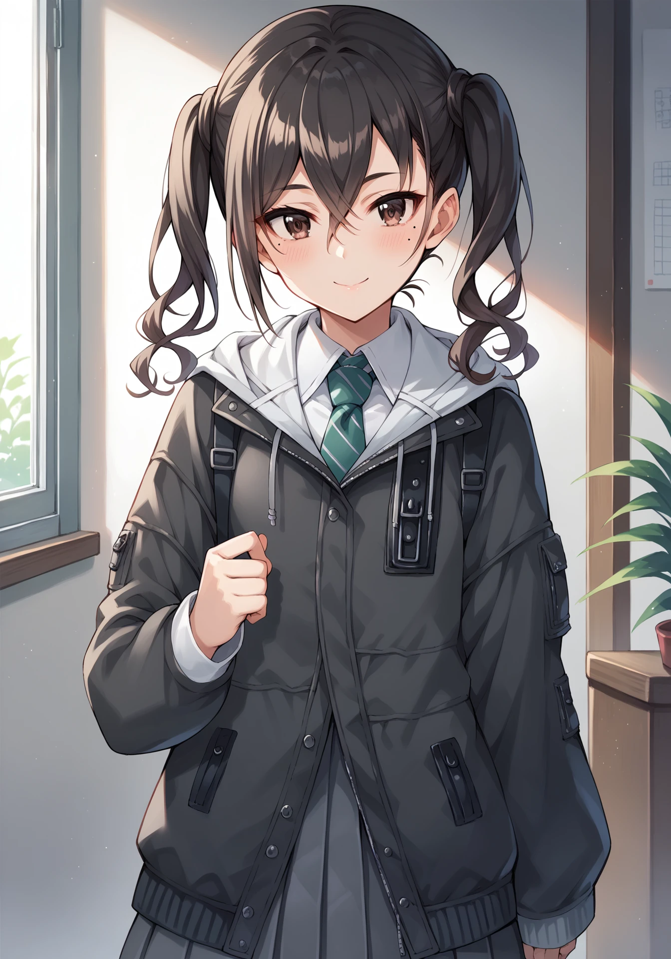 score_9, score_8_up, score_7_up, source_anime, <lora:AkirachanXL-000007:1>, Akirachan, DefaultCostume, black hair, crossed bangs, brown eyes, mole under eye, twintails, wavy hair, black jacket, hood, backpack, white collar, short necktie, pleated skirt, blush, smile, indoors