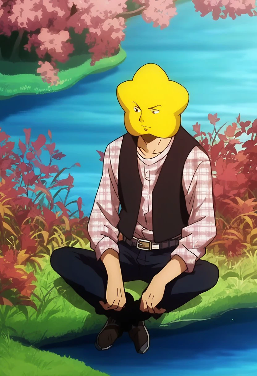 score_9, score_8_up, score_7_up, source_anime, rating_safe, Hoshikawa, 1boy, male focus, anime screencap, dark vest, plaid shirt, dark blue pants, belt, sitting by a river, living the lonely life down down down by the river