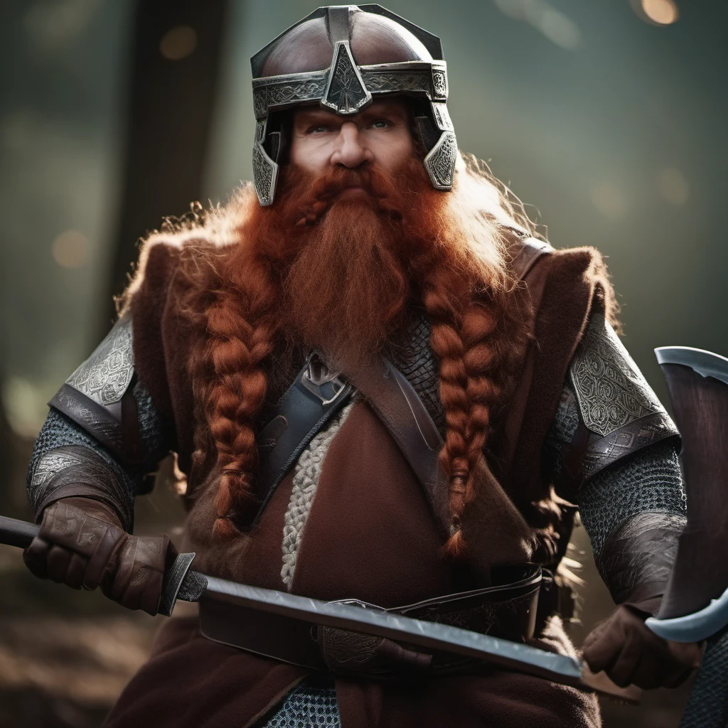 cinematic photo a full body portrait old man, redhead, helmet, braids, armor, facial hair,  belt,shoulder armor, wrinkled skin, holds an axe, fantasy background  <lora:Gimli1024:0.8> . 35mm photograph, film, bokeh, professional, 4k, highly detailed