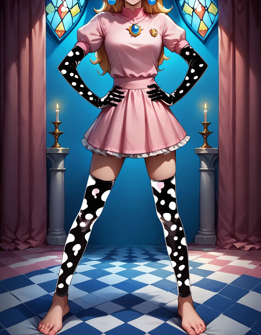 score_9, score_8_up, score_7_up, score_6_up, rating_safe, source_anime, realistic lighting, invcop pattern, princess peach, feet apart, hands on hips, cute, excited, gloves, thighhighs, detailed background, castle interior